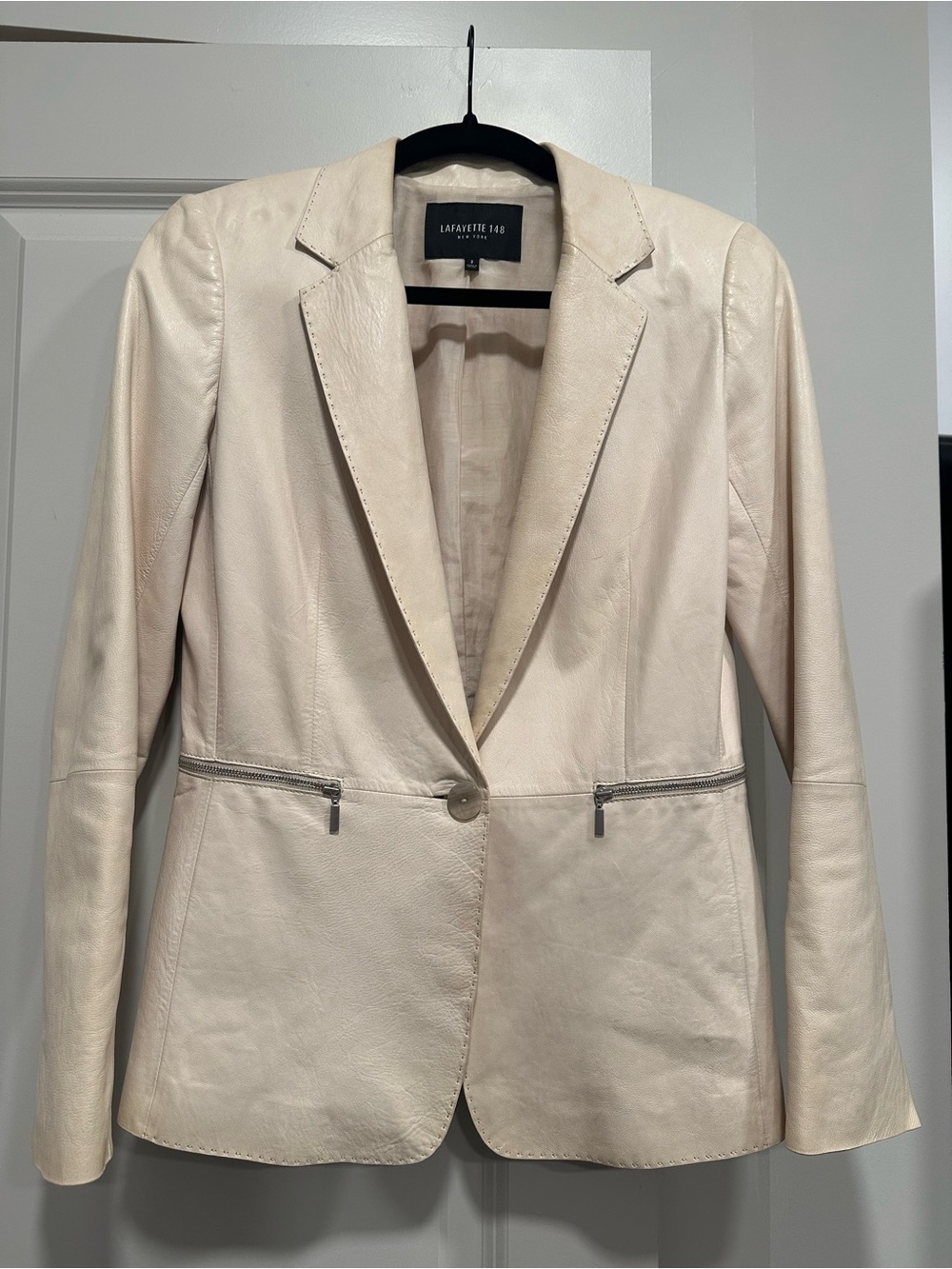 Lafayette 148 New York Cream Leather Blazer Jacket Size 2 Zip Detail